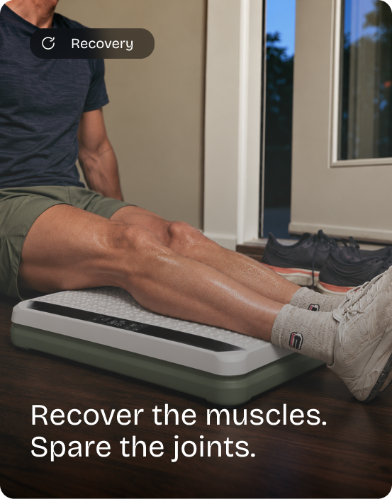 Man sits on the floor with his calves resting on the Kiwii Move board, running shoes beside him. Recovery: Recover the muscles. Spare the joints.